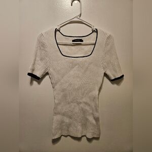 Elegant Cream Ribbed Short Sleeve Top